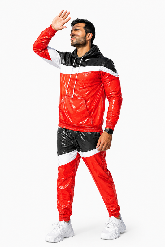 Men’s Shiny Nylon Pro Tracksuit Set Red Black White Color Block Hooded