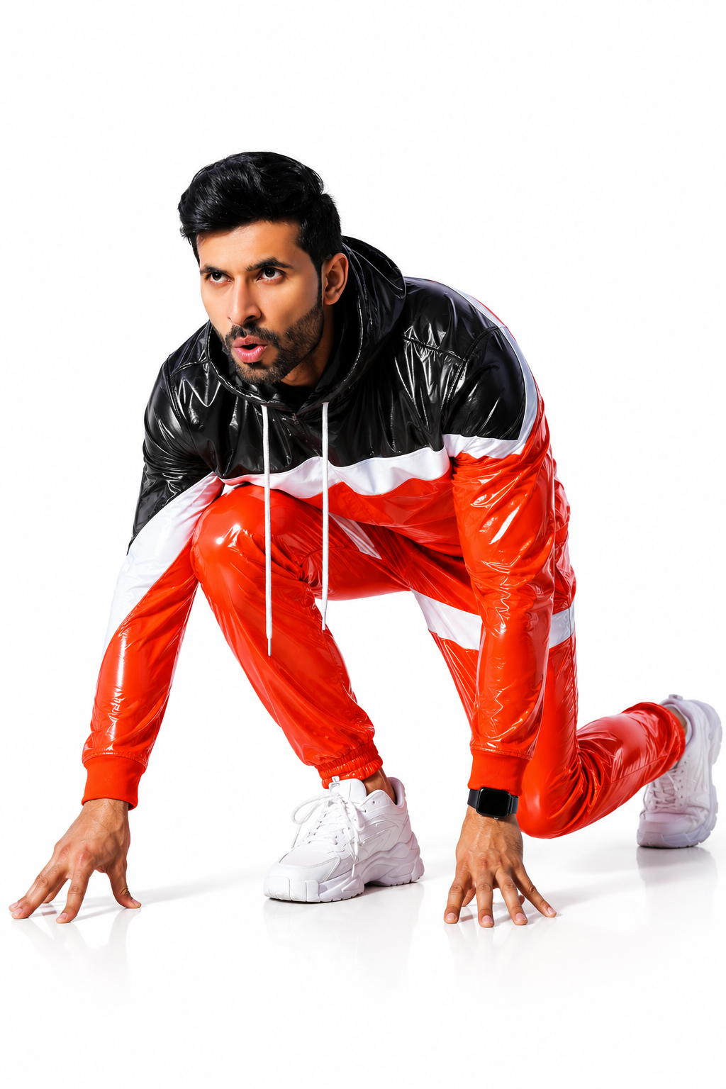 Men’s Shiny Nylon Pro Tracksuit Set Red Black White Color Block Hooded