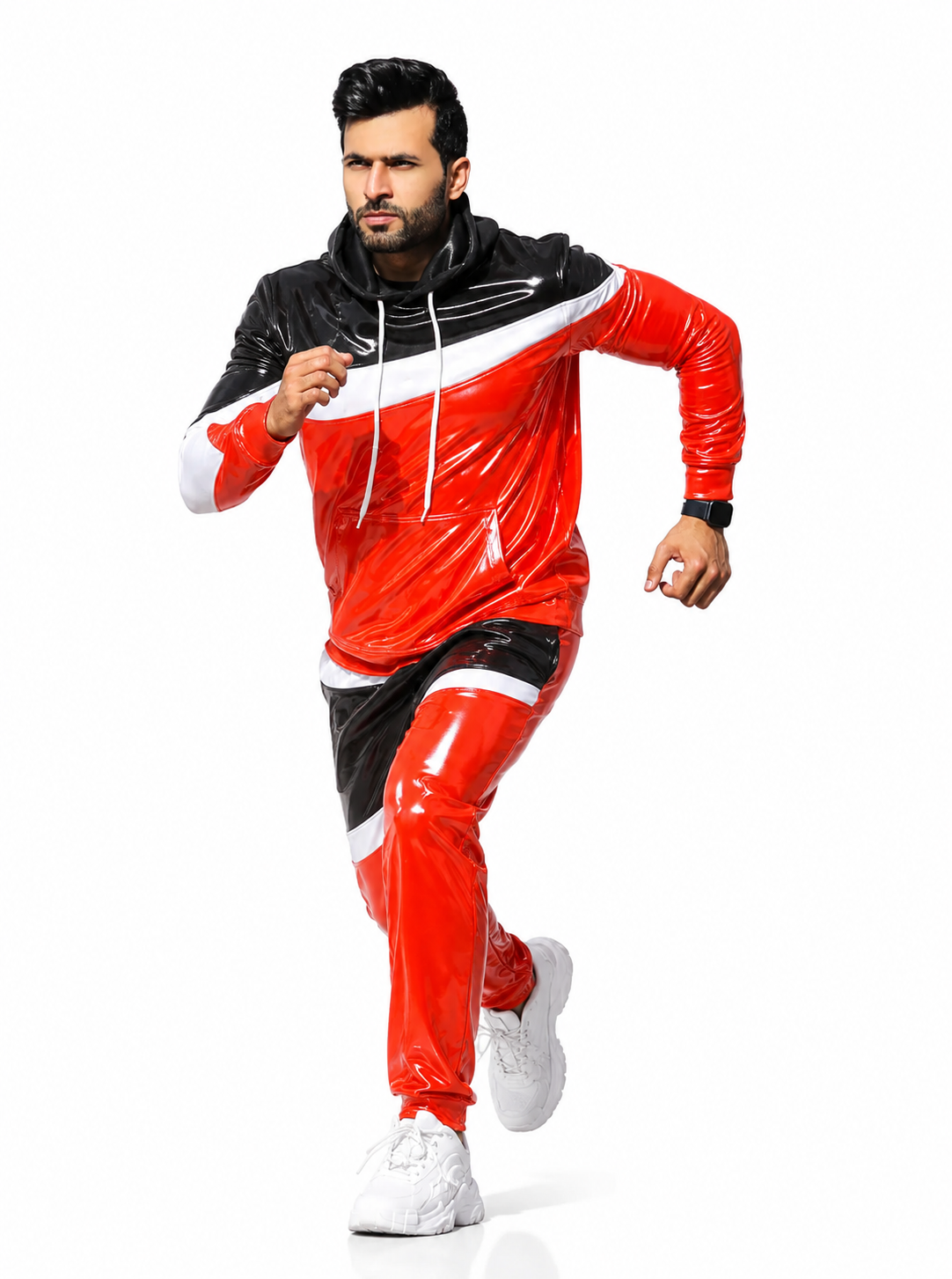 Men’s Shiny Nylon Pro Tracksuit Set Red Black White Color Block Hooded
