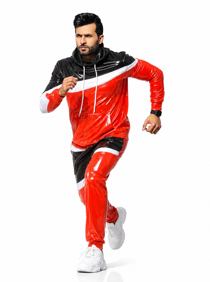 Men’s Shiny Nylon Pro Tracksuit Set Red Black White Color Block Hooded