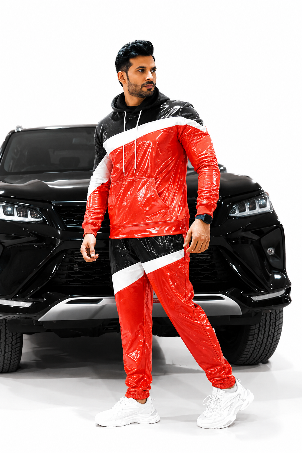 Men’s Shiny Nylon Pro Tracksuit Set Red Black White Color Block Hooded