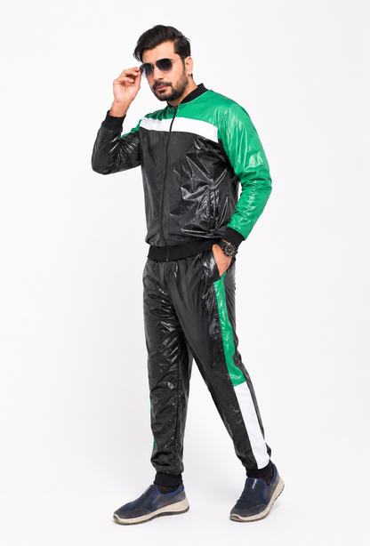 Men’s Neon Edge Shiny Nylon Pro Tracksuit Black Green Jogger Set