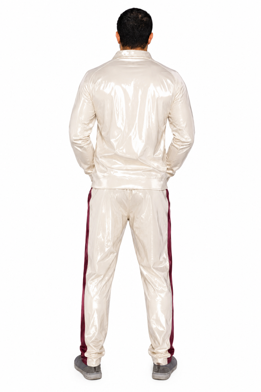 Shiny Nylon Pro Tracksuit Set Glossy White Athletic Jacket & Jogger Pants