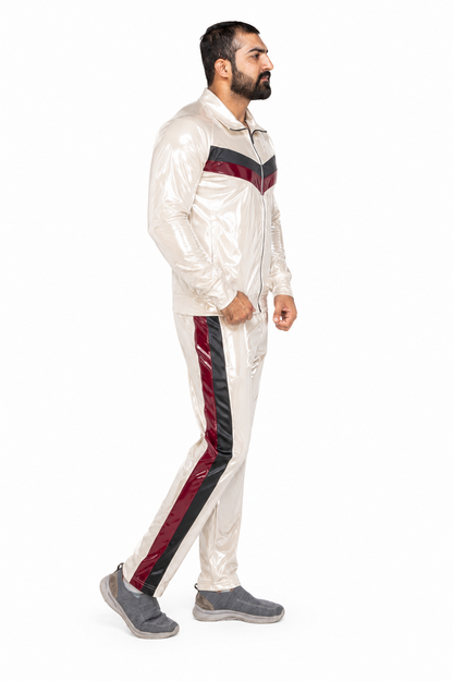 Shiny Nylon Pro Tracksuit Set Glossy White Athletic Jacket & Jogger Pants