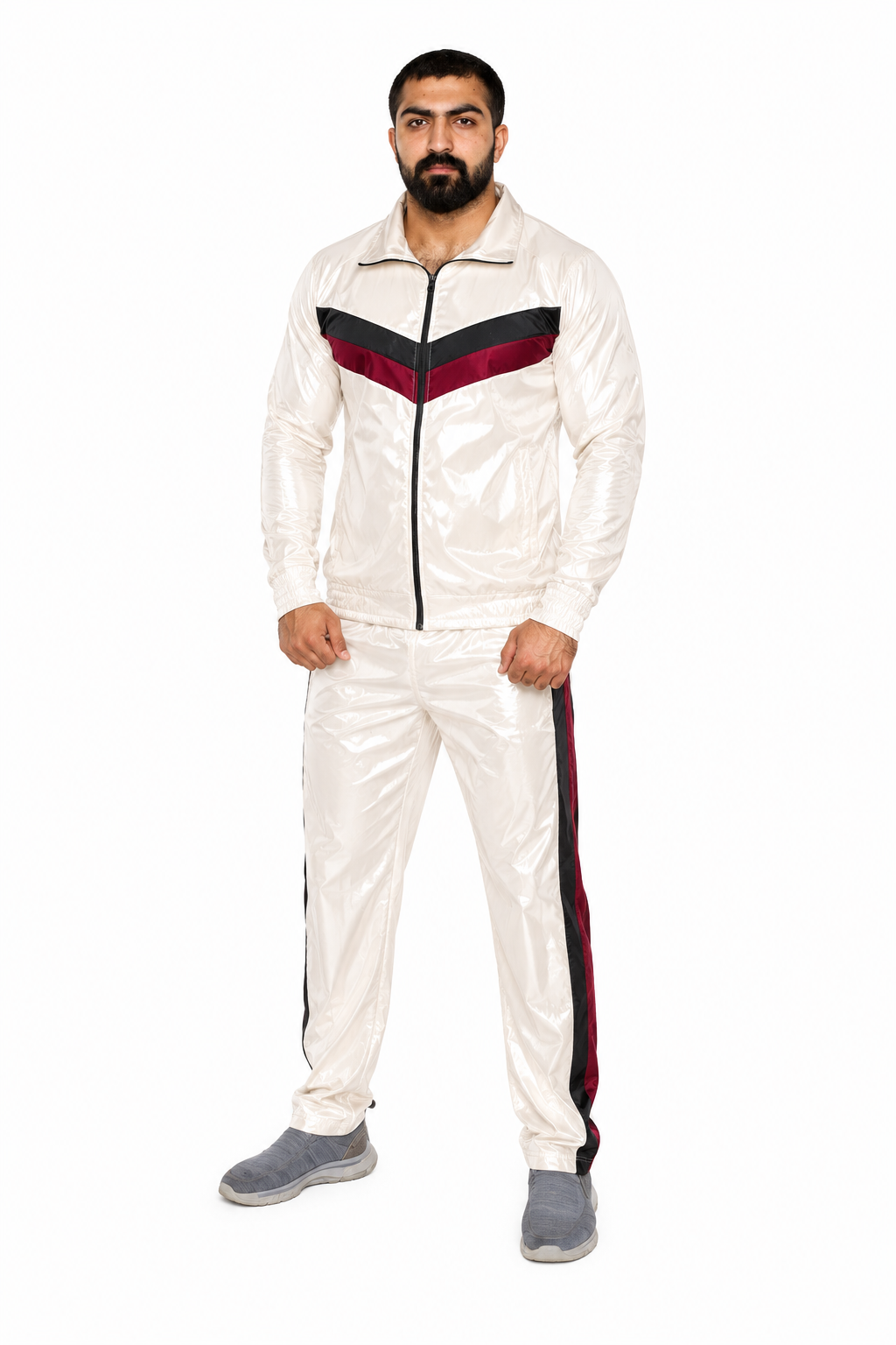 Shiny Nylon Pro Tracksuit Set Glossy White Athletic Jacket & Jogger Pants