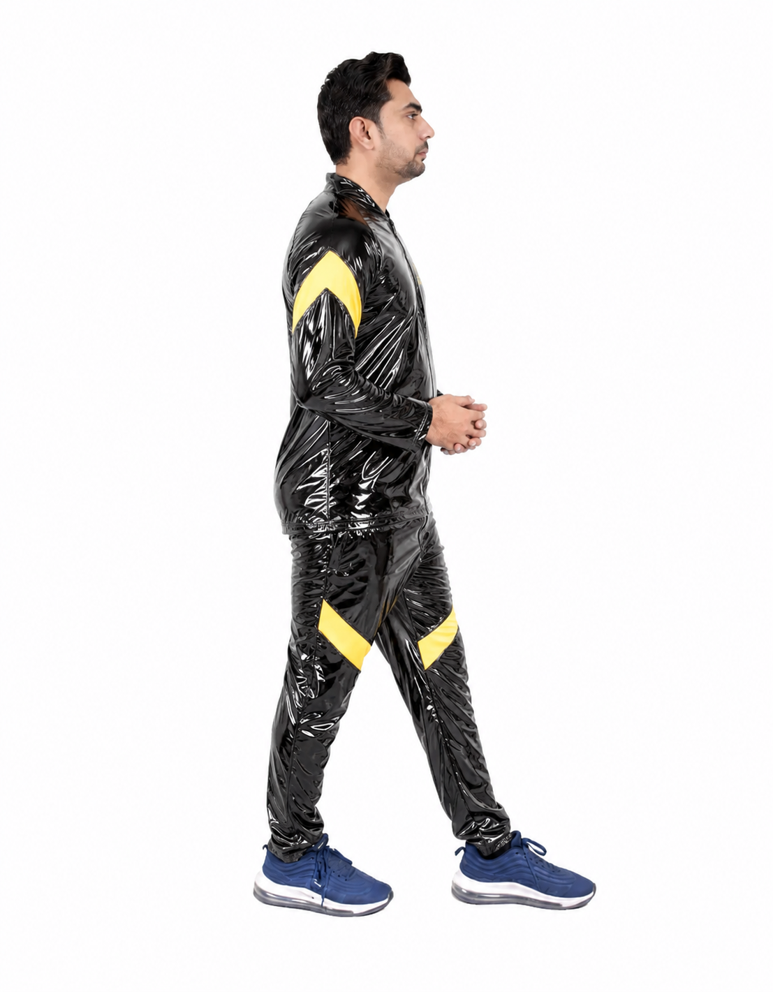 Shiny Nylon Pro Fetish Tracksuit  Black Yellow Jogger Set