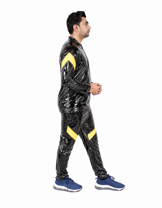 Shiny Nylon Pro Fetish Tracksuit  Black Yellow Jogger Set
