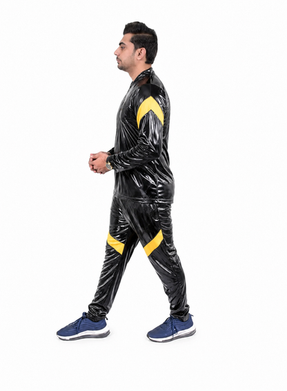 Shiny Nylon Pro Fetish Tracksuit  Black Yellow Jogger Set