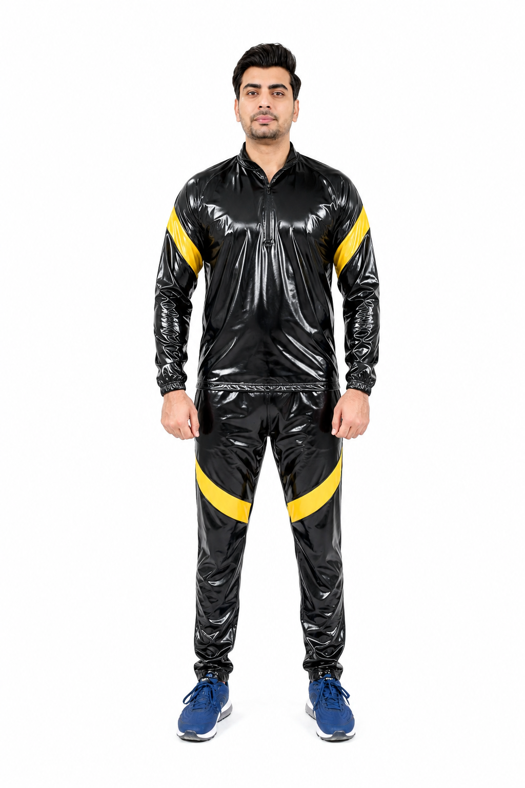 Shiny Nylon Pro Fetish Tracksuit  Black Yellow Jogger Set