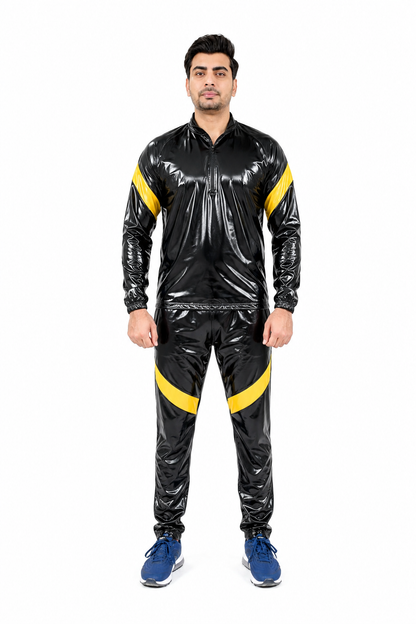 Shiny Nylon Pro Fetish Tracksuit  Black Yellow Jogger Set