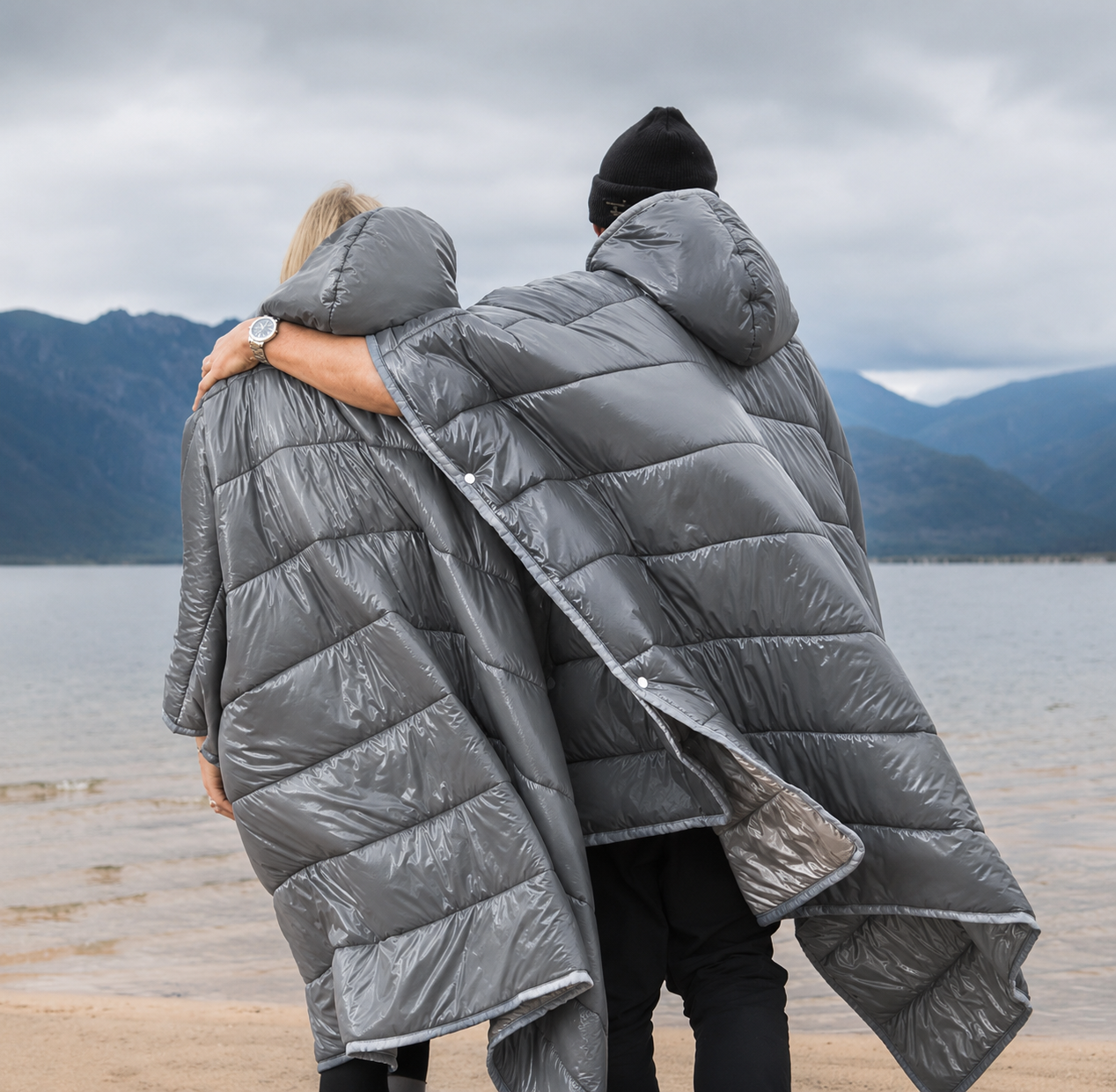 Shiny Nylon Puffer Camping Poncho Blanket