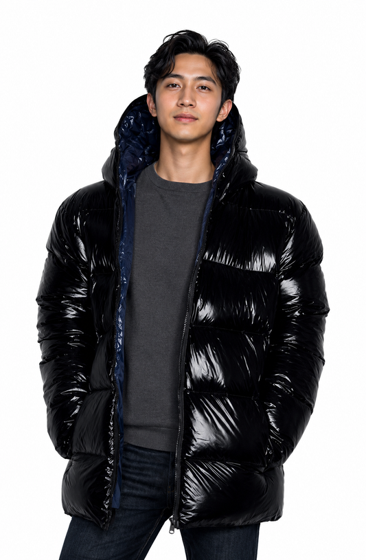 Unisex High-Gloss Puffer Jacket with Full Zip Hood