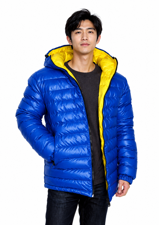 Reversible High-Gloss Puffer Jacket Unisex Shiny Nylon Winter with Hood