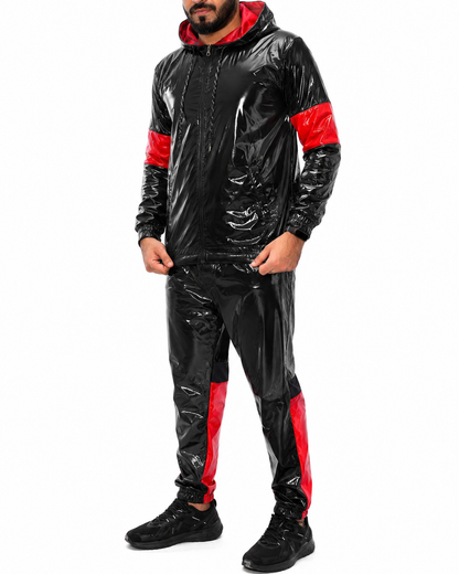 Men’s Shiny Nylon Pro Hooded Tracksuit Set Jacket & Jogger Pants