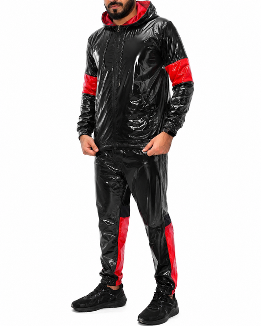 Men’s Shiny Nylon Pro Hooded Tracksuit Set Jacket & Jogger Pants