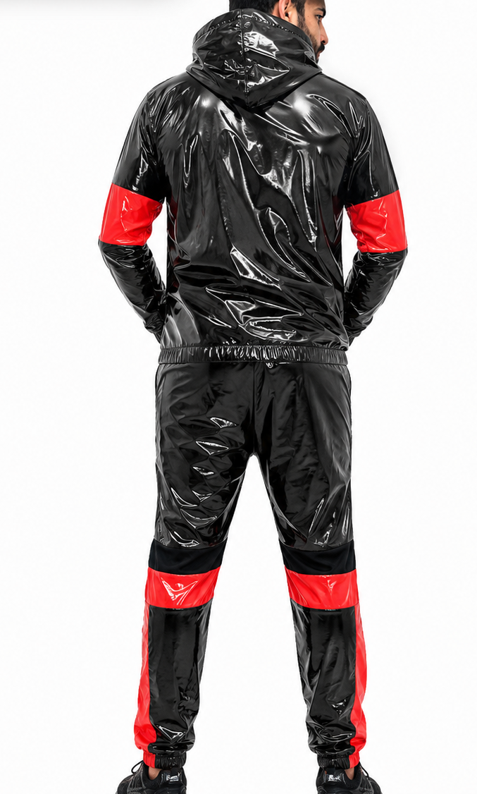 Men’s Shiny Nylon Pro Hooded Tracksuit Set Jacket & Jogger Pants