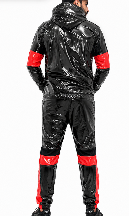 Men’s Shiny Nylon Pro Hooded Tracksuit Set Jacket & Jogger Pants
