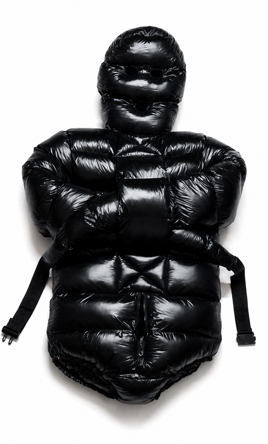 Black Shiny Nylon Taffeta Bondage Puffer Bodysuit