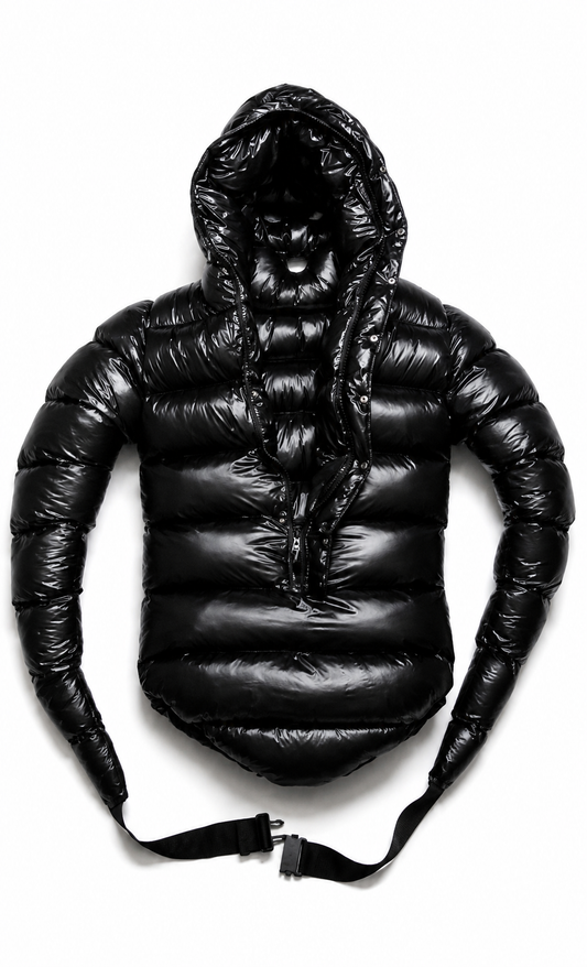 Black Shiny Nylon Taffeta Bondage Puffer Bodysuit