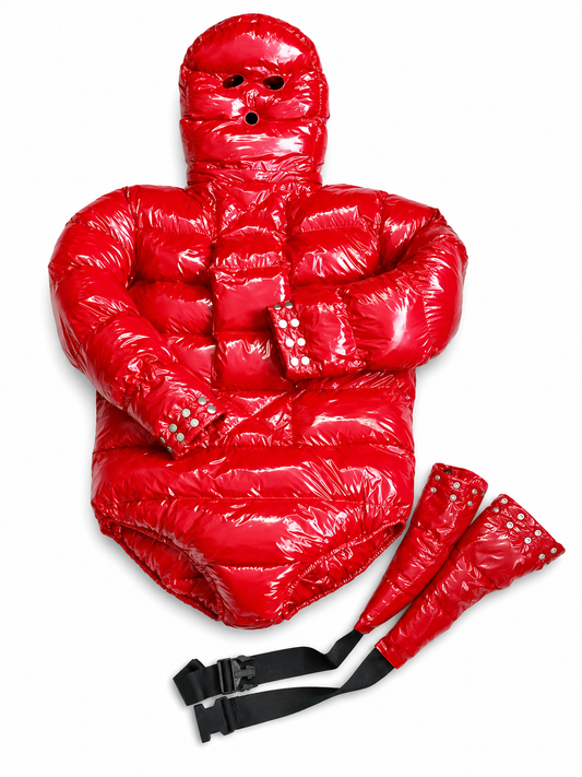 Extreme Puffy Shiny Nylon Bondage Hooded Jacket Bodysuit Set