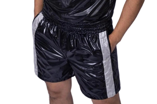 Shiny Nylon Boxing Shorts Trunks with White Side Stripes