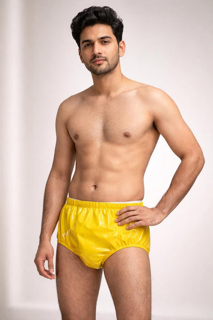 Glossy Yellow Nylon Briefs High-Waisted Shiny Fashion Shorts