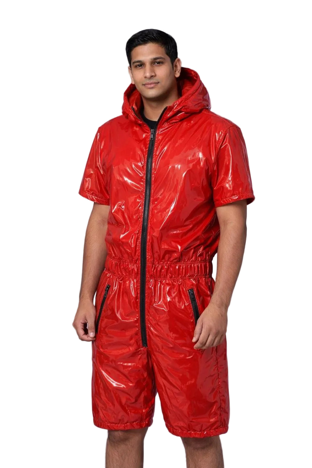 Shiny Red Nylon Hooded Romper Glossy Short Sleeve