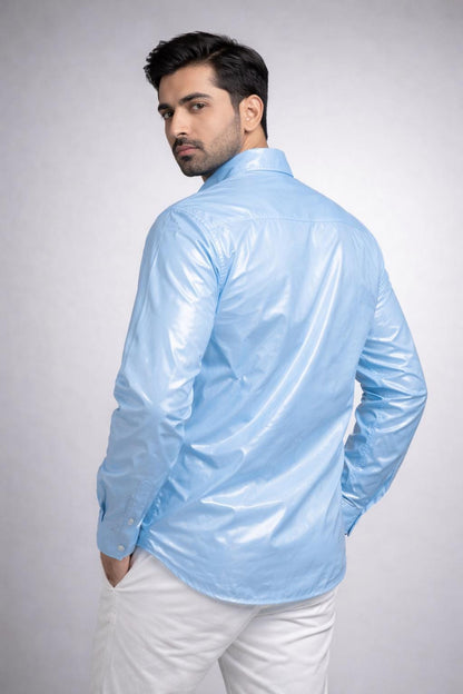 Nylon Shirt Glossy Button Up Long Sleeve with Flap Pockets