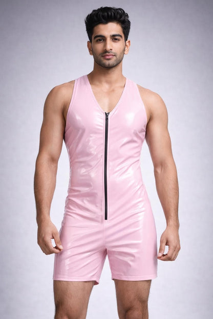 Nylon Hooded Singlet Sleeveless Bodysuit with Front Zipper