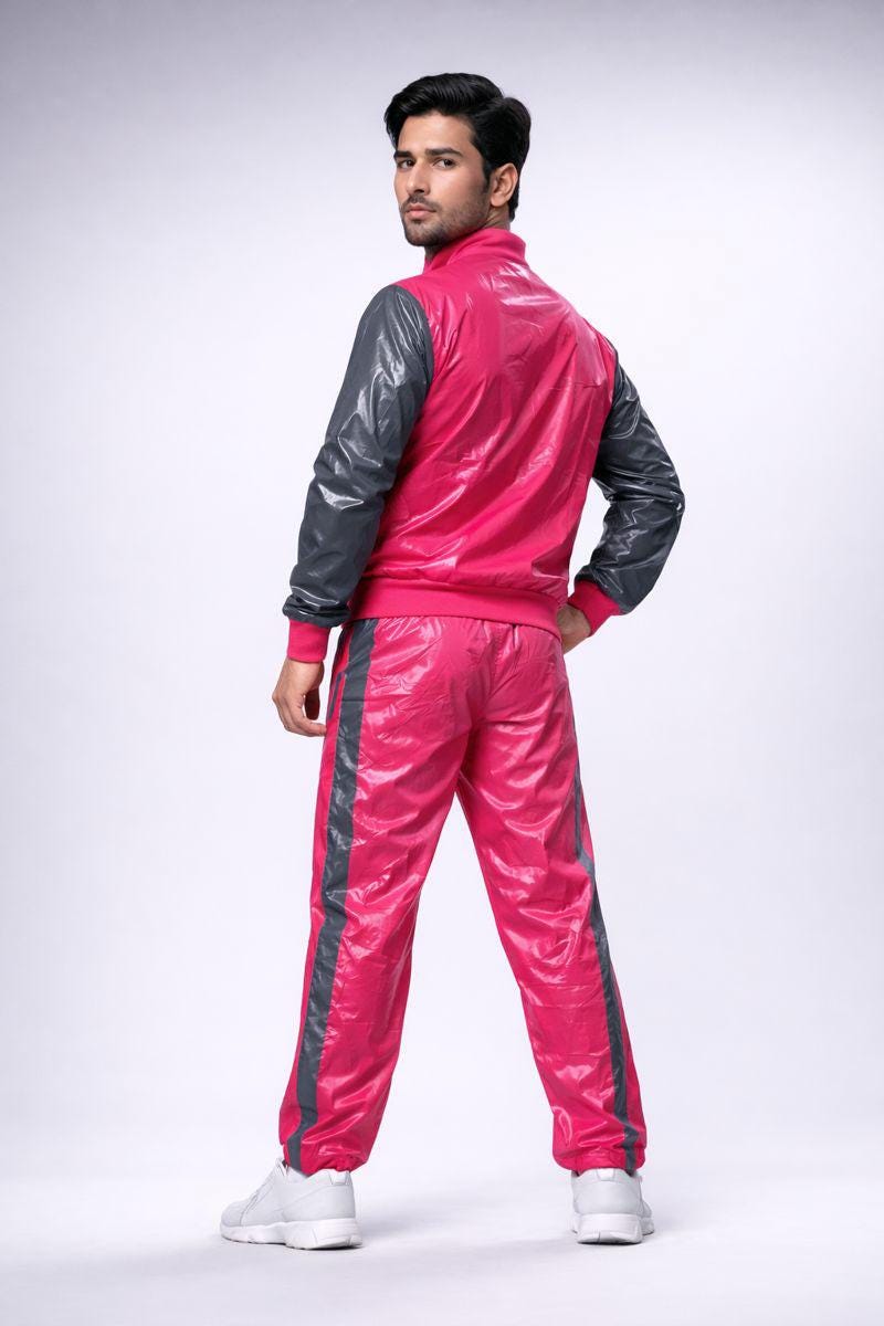 Shiny Nylon Tracksuit  Pink & Gray Gloss Set