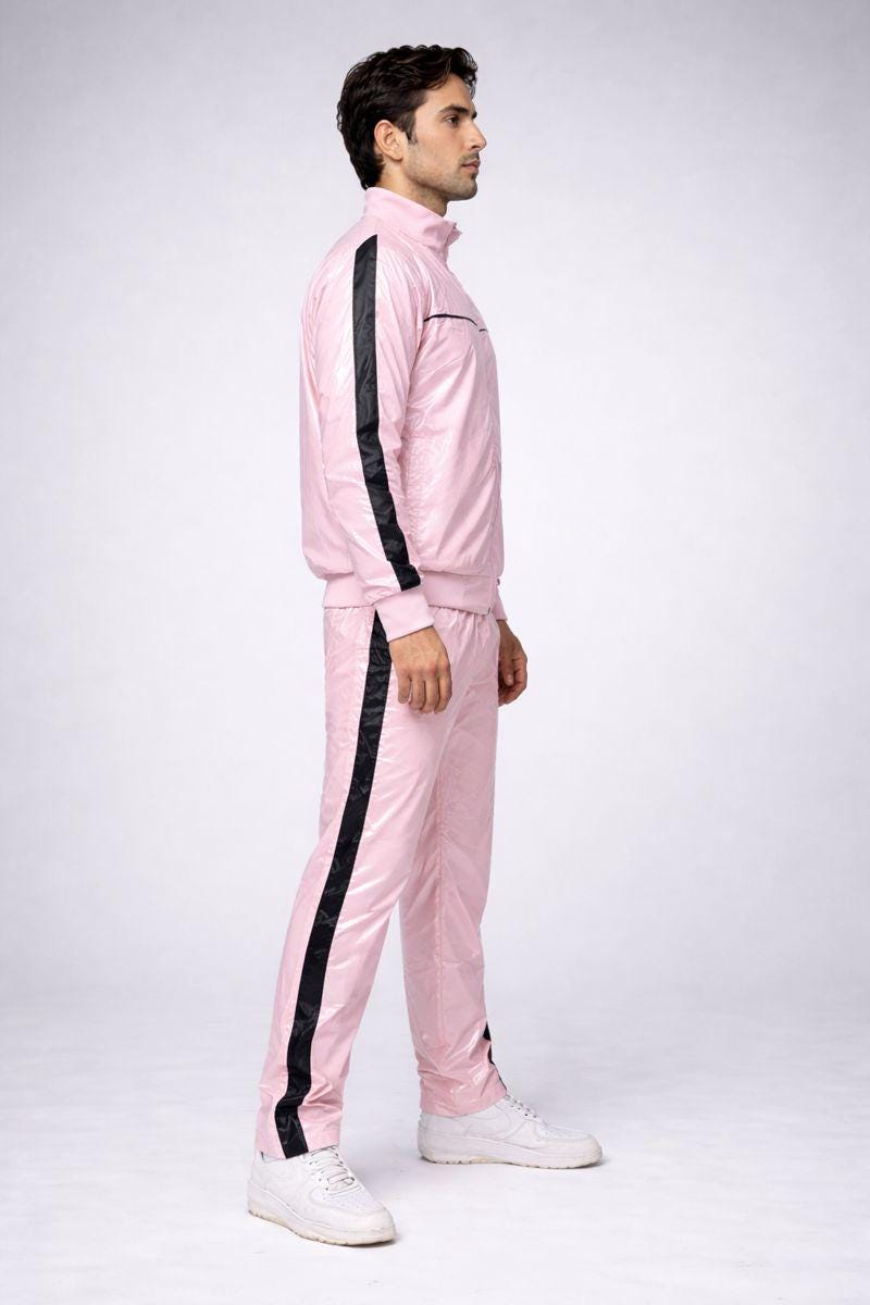 Shiny Nylon Baby Pink Tracksuit with Black Stripes