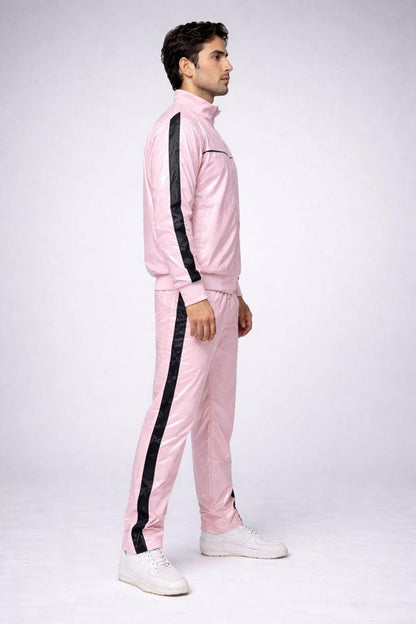 Shiny Nylon Baby Pink Tracksuit with Black Stripes