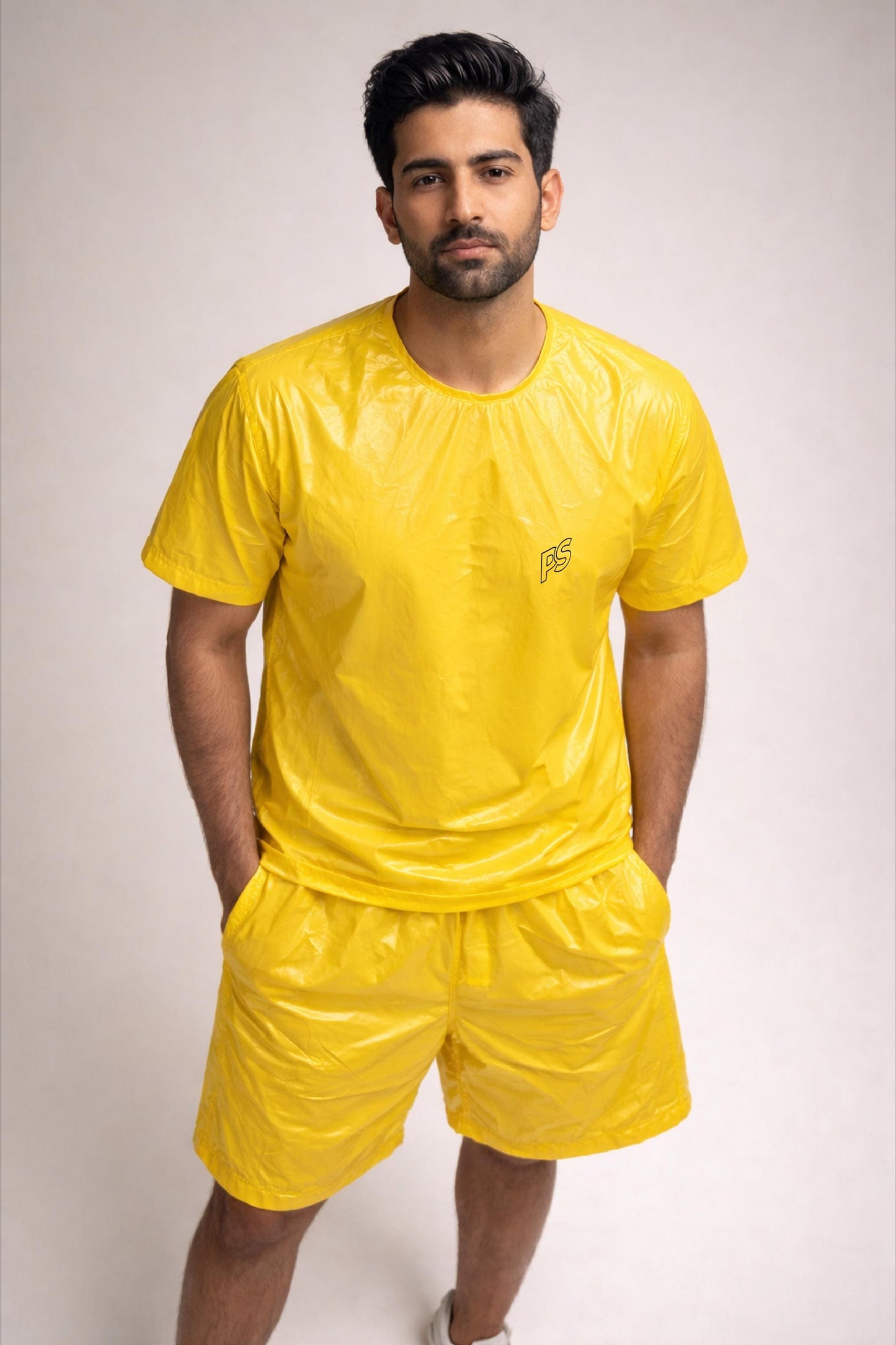 Bright Yellow Shiny Nylon Two-Piece Set