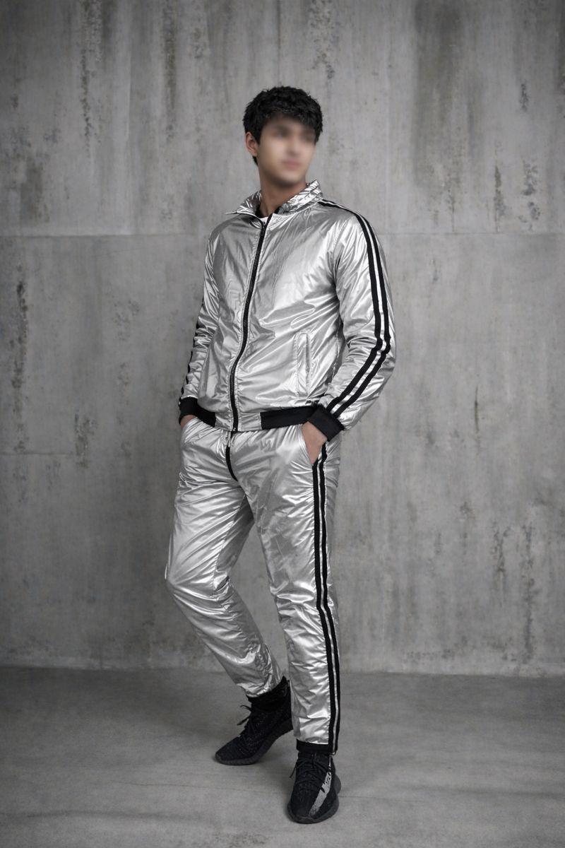Metallic Silver Nylon Track Suit for Men  Modern Streetwear