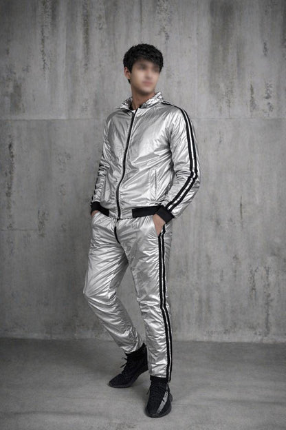 Metallic Silver Nylon Track Suit for Men  Modern Streetwear