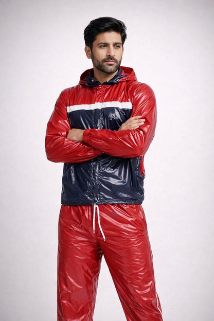 Red Glossy PVC Hooded Tracksuit with Navy & White Chest Panel
