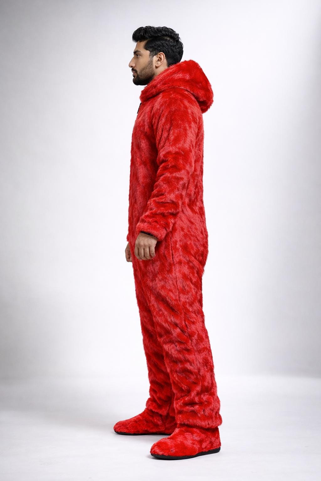 Red Faux Fur Hooded Jumpsuit Full Body Plush Winter Onesie