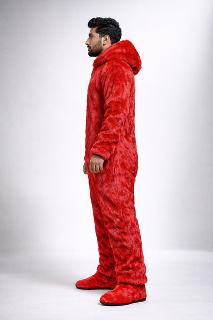 Red Faux Fur Hooded Jumpsuit Full Body Plush Winter Onesie
