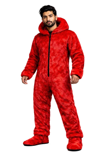 Red Faux Fur Hooded Jumpsuit Full Body Plush Winter Onesie