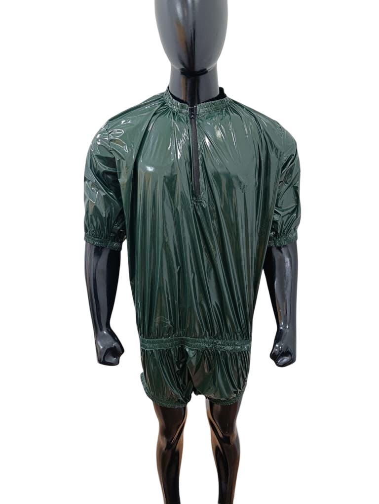 Unisex Drack Green Shiny  Onesie Glossy Hooded Quilted Romper