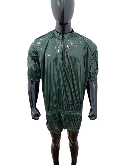 Unisex Drack Green Shiny  Onesie Glossy Hooded Quilted Romper