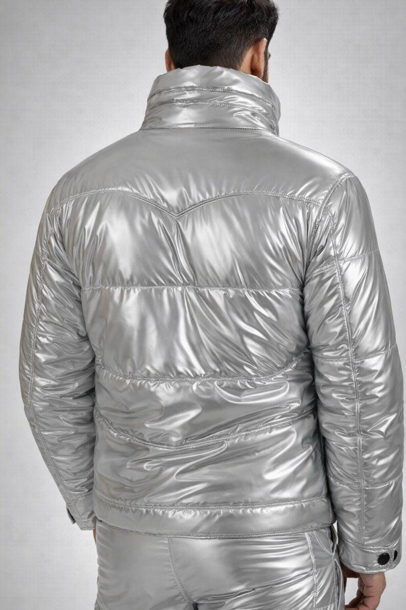 Men's Shiny Puffy Snowsuit: Off White Waterproof Jumpsuit