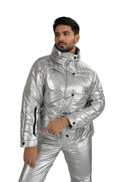Men's Shiny Puffy Snowsuit: Off White Waterproof Jumpsuit