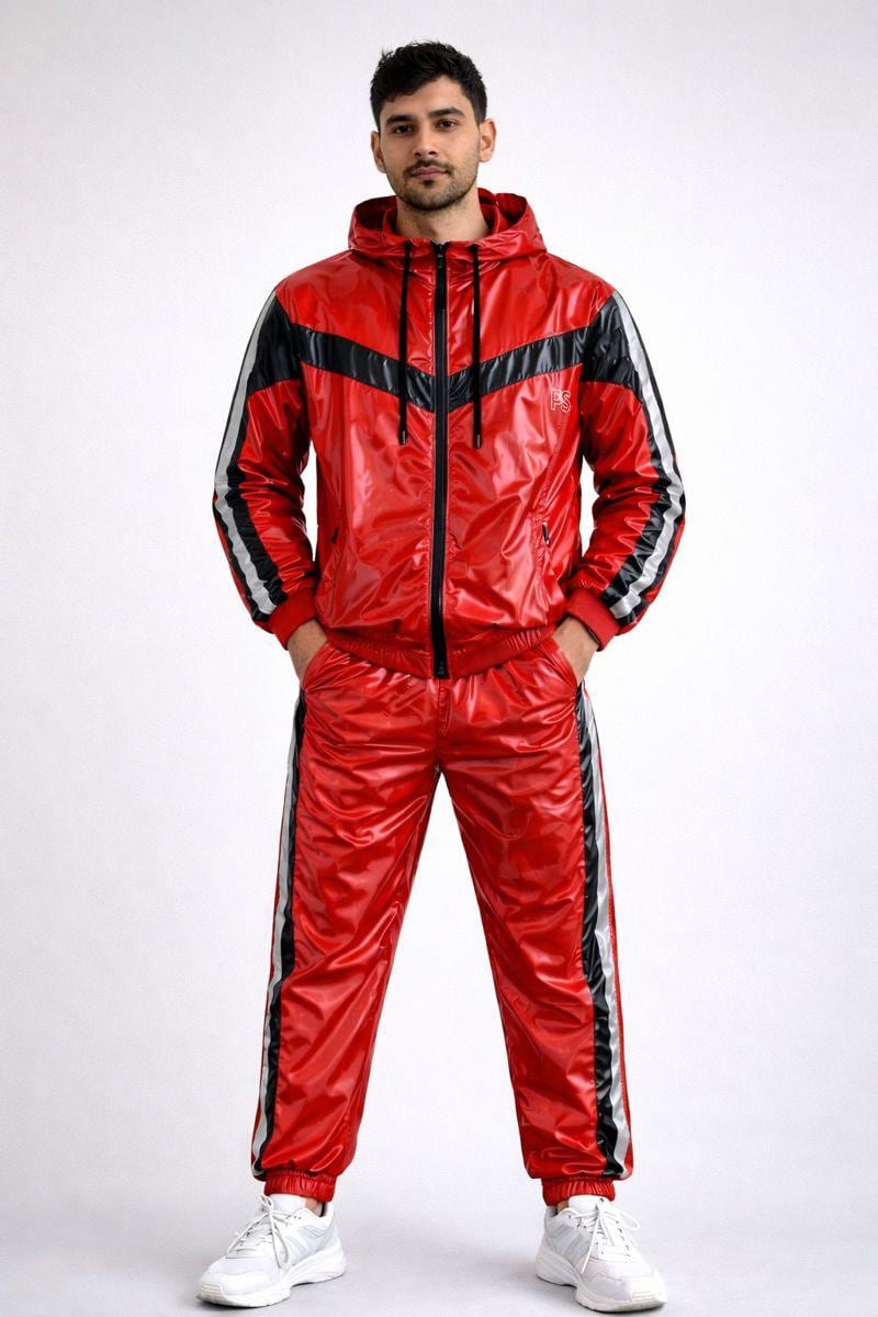 Shiny Nylon Tracksuit Red Gloss Lightweight Set
