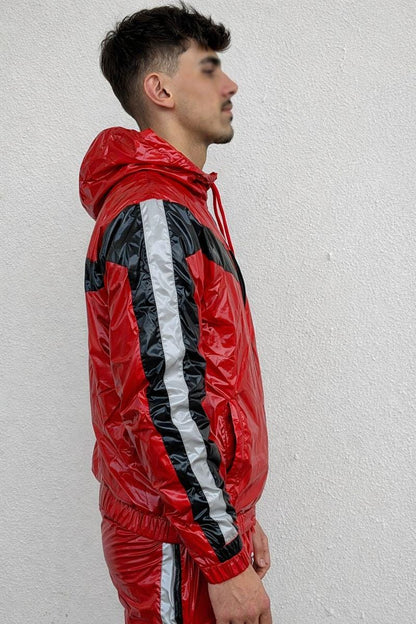 Shiny Red Nylon Track Suit with Chevron Stripe Design