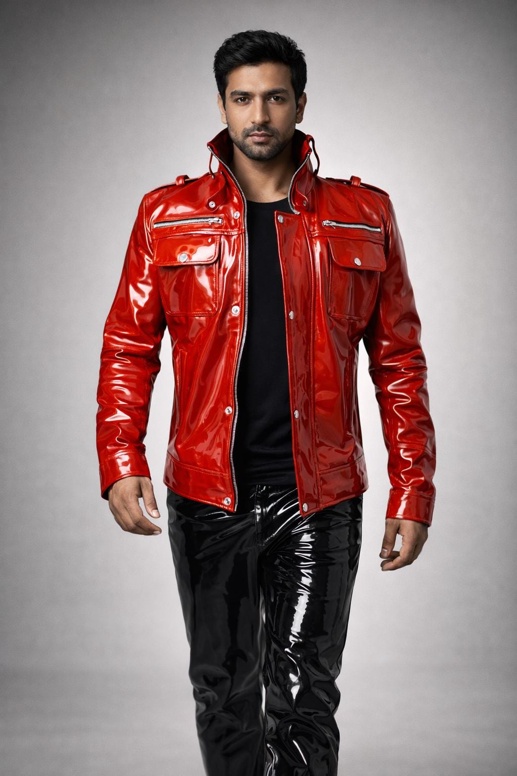 Red Glossy Leather Jacket  Men’s Patent Leather Biker Style