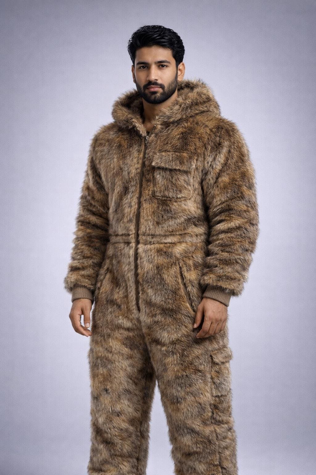 Brown Faux Fur Hooded Jumpsuit Shaggy Plush One-Piece Winter Suit