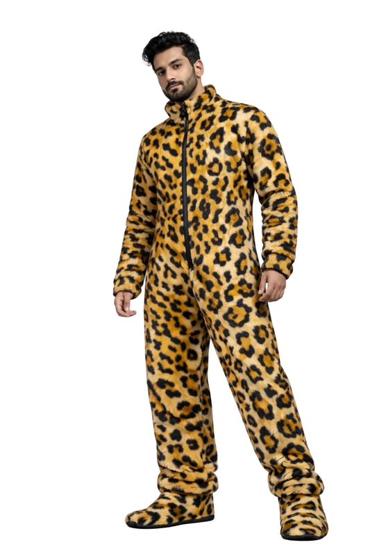 Leopard Print Faux Fur Jumpsuit  Full Body Hooded Plush Onesie