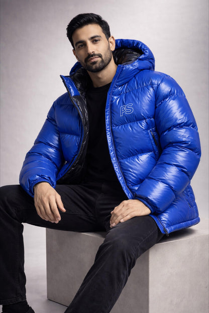 Men’s Electric Blue Shiny Nylon Puffer Jacket