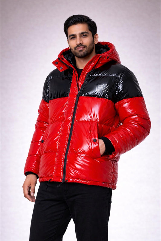 Black & Red Shiny Nylon Hooded Puffer Jacket